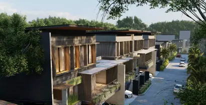 Render aerial deretan rumah di sepanjang jalan cluster